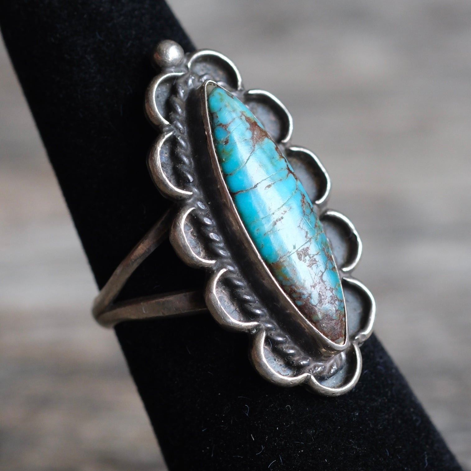 Vintage Sterling Turquoise Florette Ring 5.25