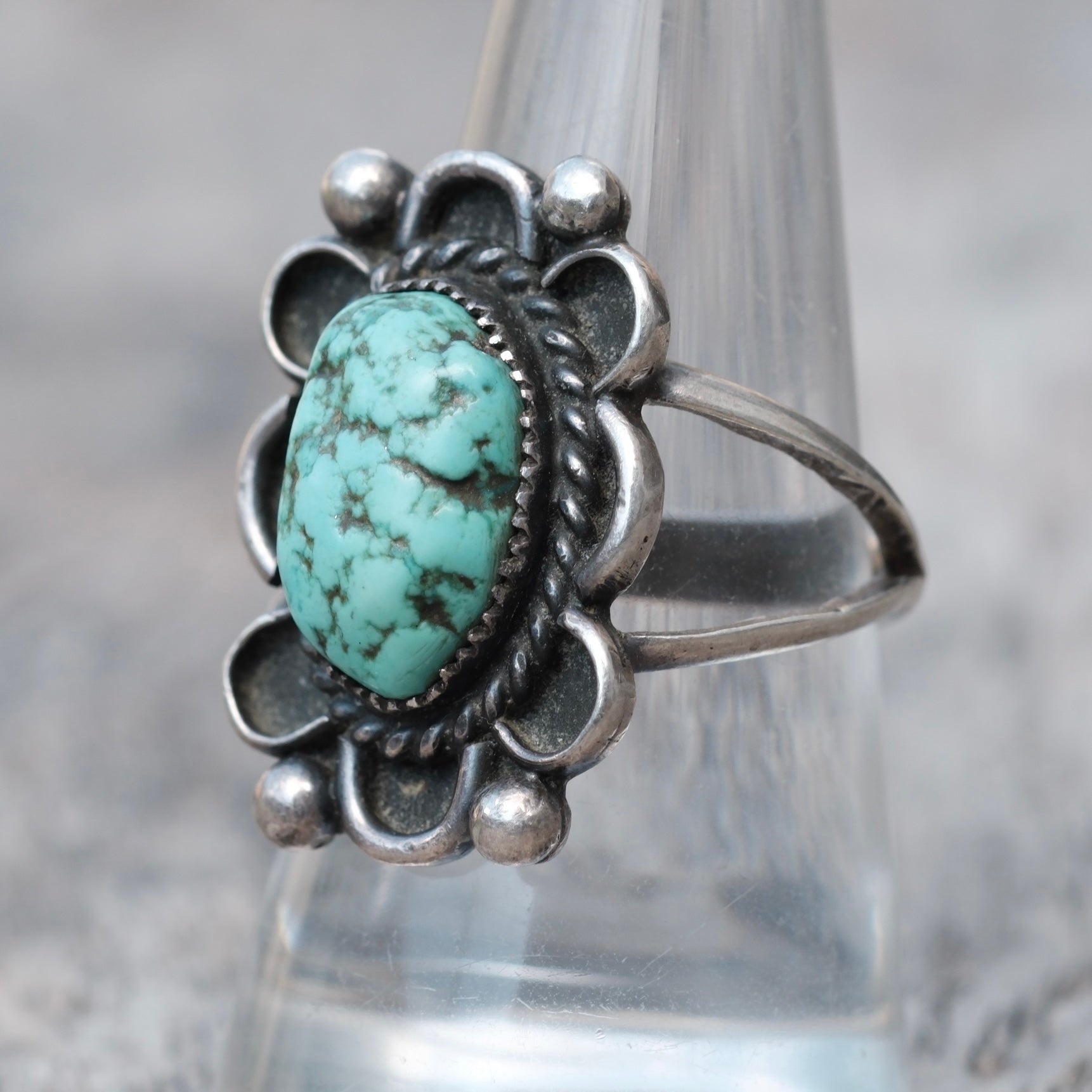 Vintage Sterling Turquoise Florette Ring 8.75