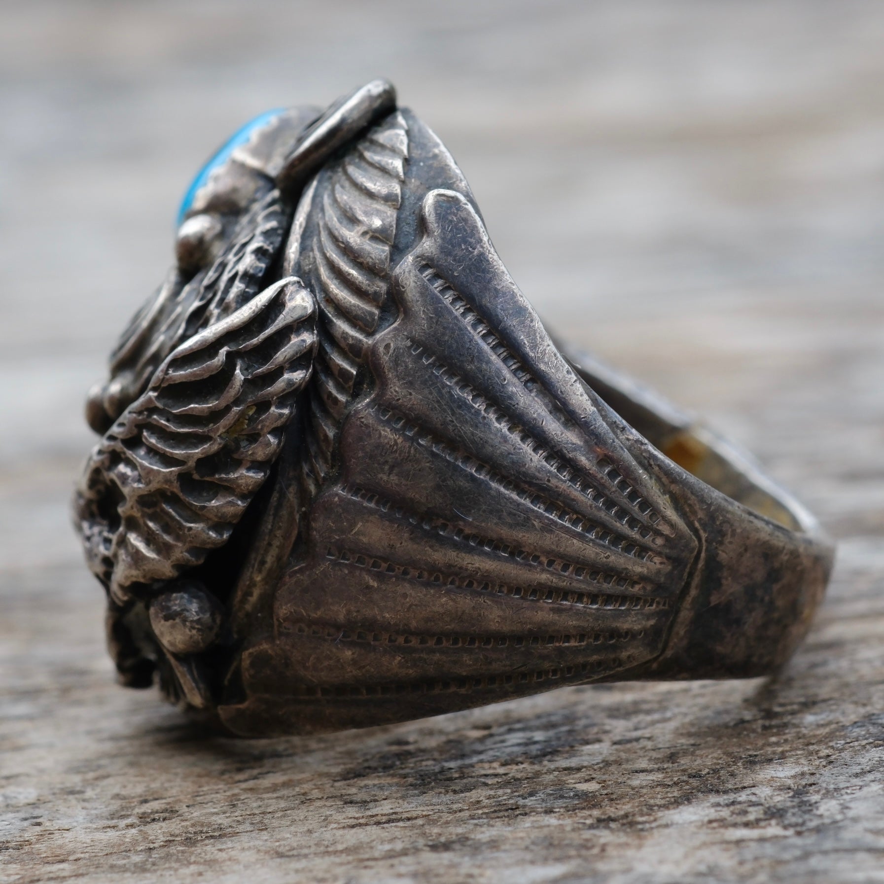 Vintage Sterling Turquoise and Coral Eagle Ring 11