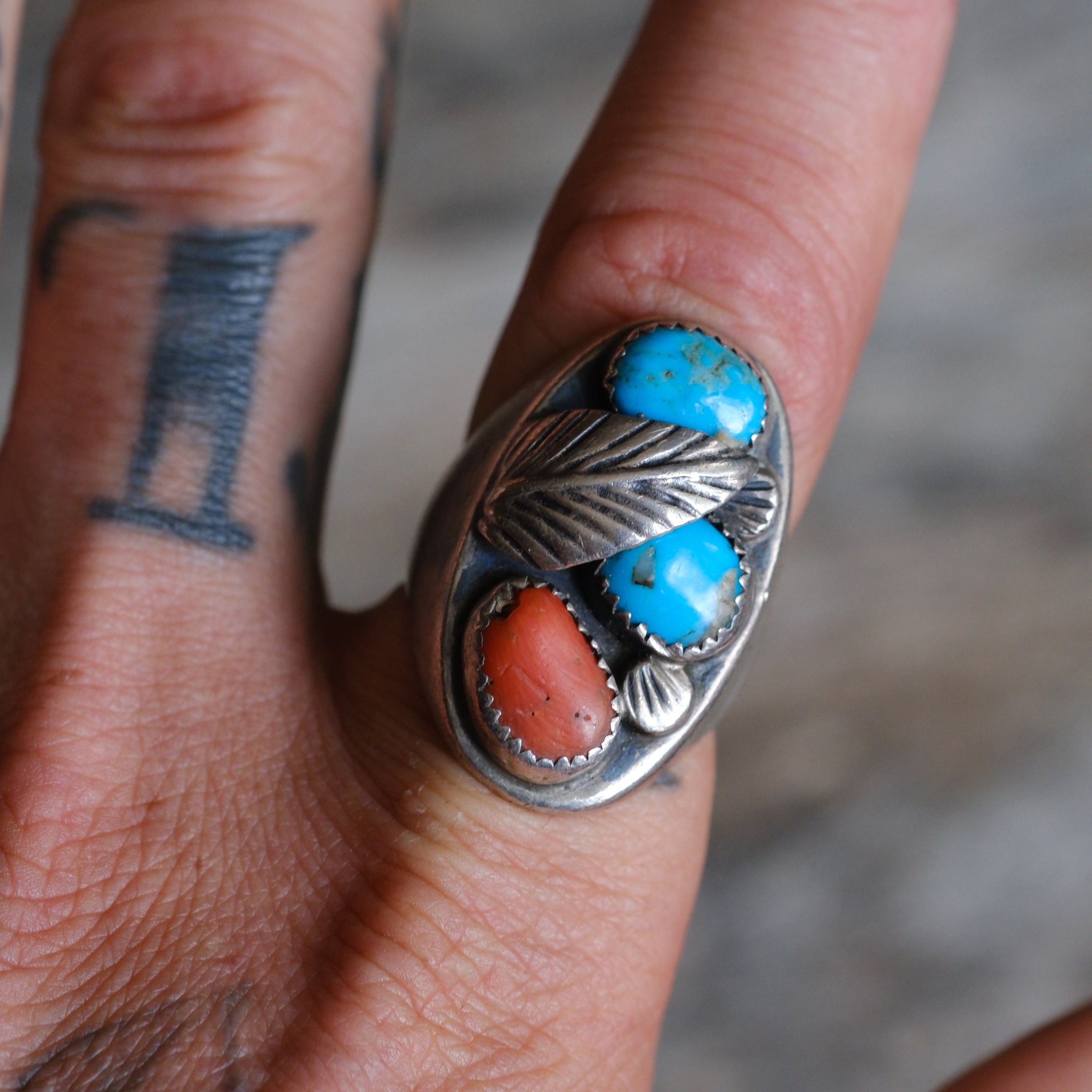 Vintage Sterling Turquoise and Coral Feather Ring 9.5