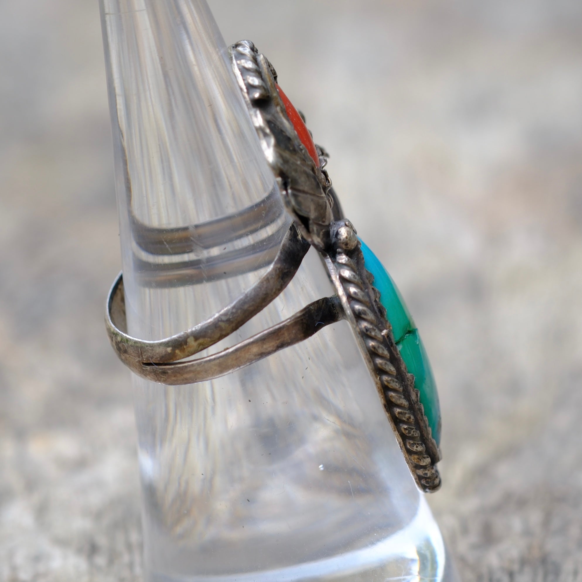 Vintage Sterling Turquoise and Coral Feather Ring 6