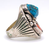 Vintage Sterling Turquoise and Coral Feather Ring 11.5