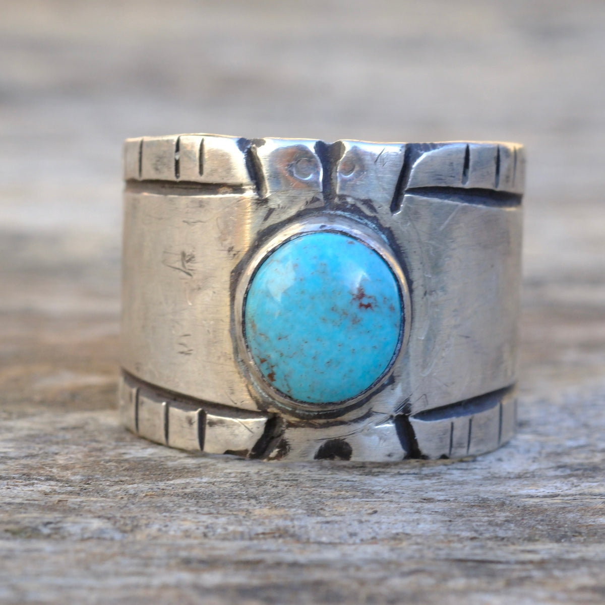 Sterling Silver Bisbee Turquoise Stamped Ring 11