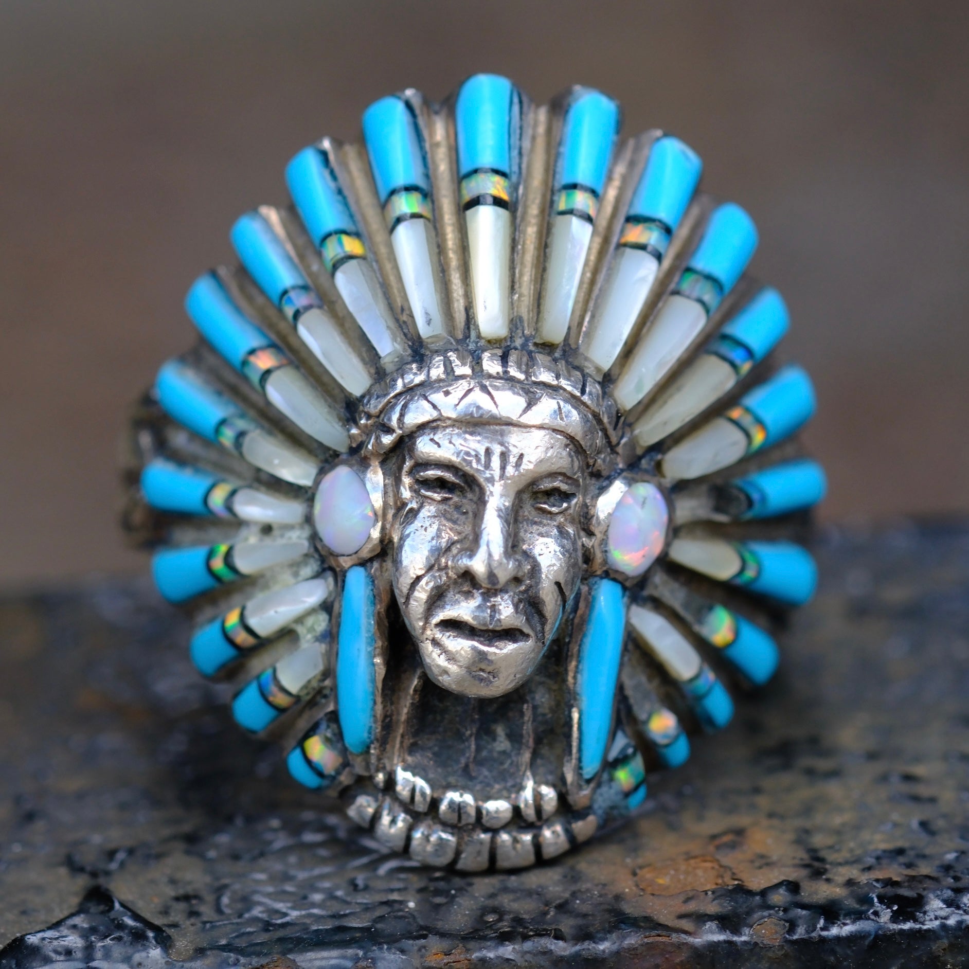 Vintage Sterling Multstone Inlay Big Chief Ring 13