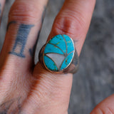 Vintage Sterling Zuni Inlay Turquoise and Mother Of Pearl Inlay Ring 10.75