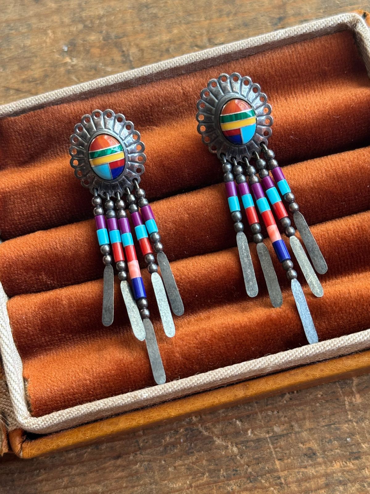 Vintage Sterling Silver Multistone Beaded Fringe Concho Earrings