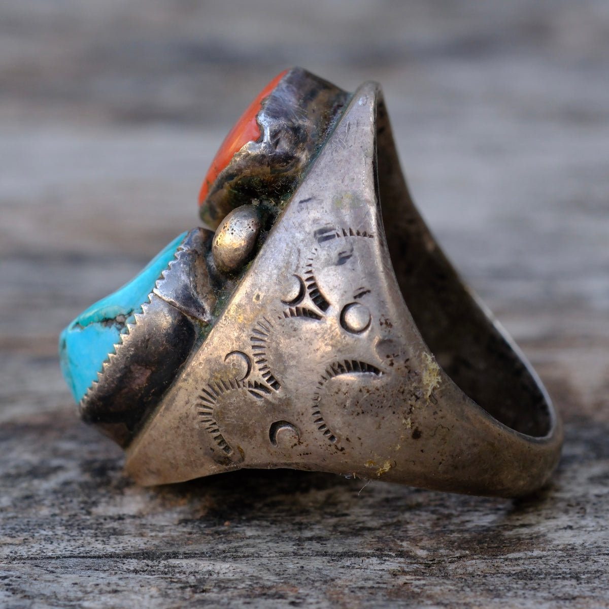 Vintage Sterling Turquoise and Coral Ring 11