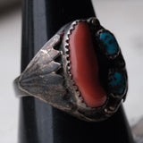 Vintage Sterling Turquoise and Coral Ribbed Band Ring 11