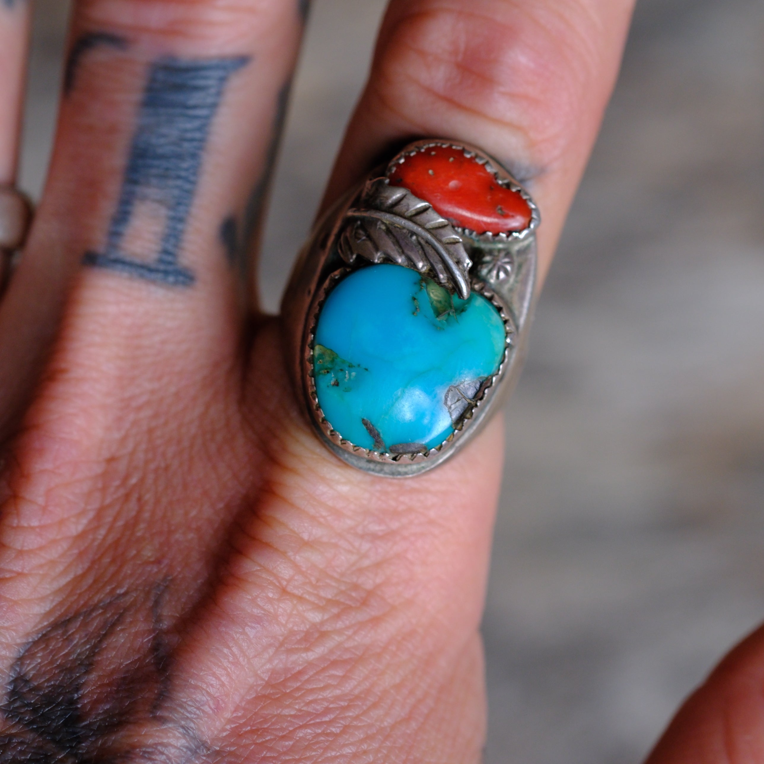 Vintage Sterling Turquoise and Coral Feather Ring 11