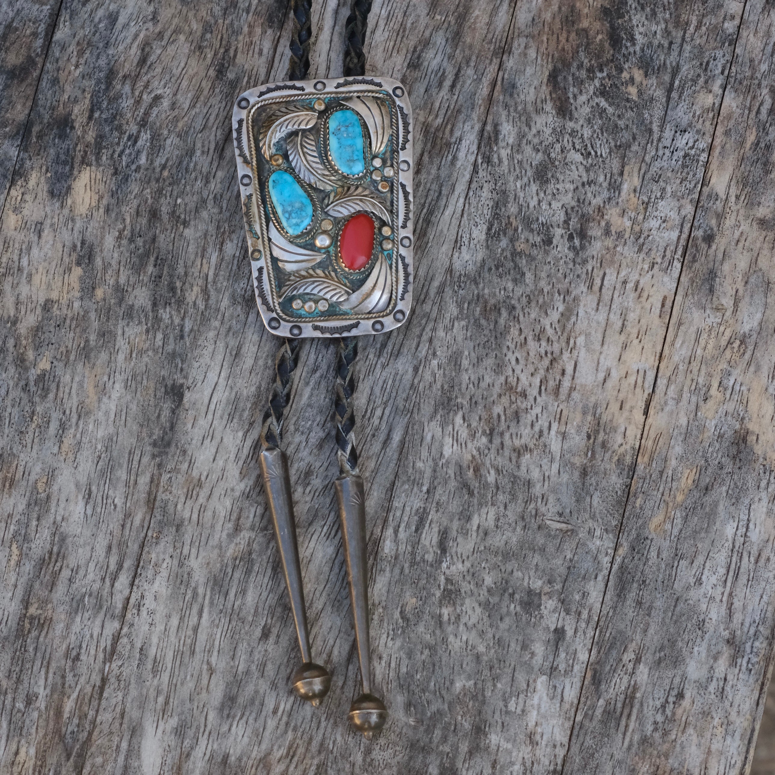 Vintage Sterling Turquoise and Coral Feather Bolo Tie