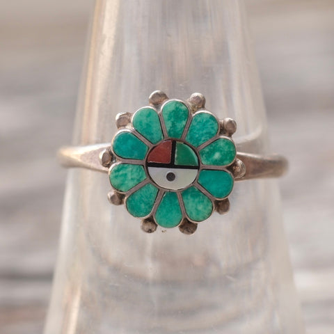Vintage Sterling Turquoise Inlay Zuni Surface Ring 7.5
