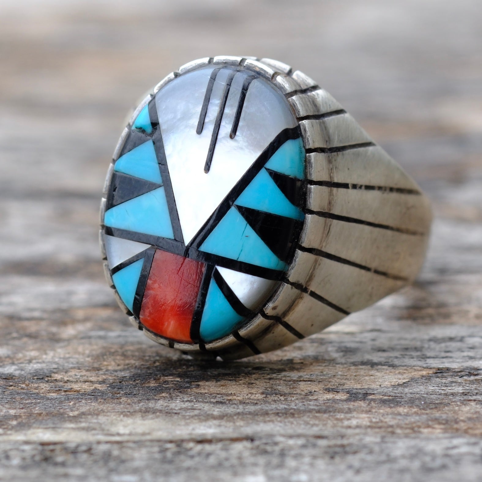 Vintage Sterling Zuni Inlay Ring 10.75