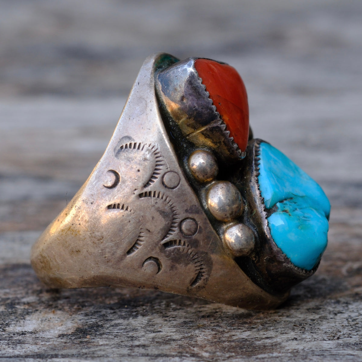 Vintage Sterling Turquoise and Coral Ring 11