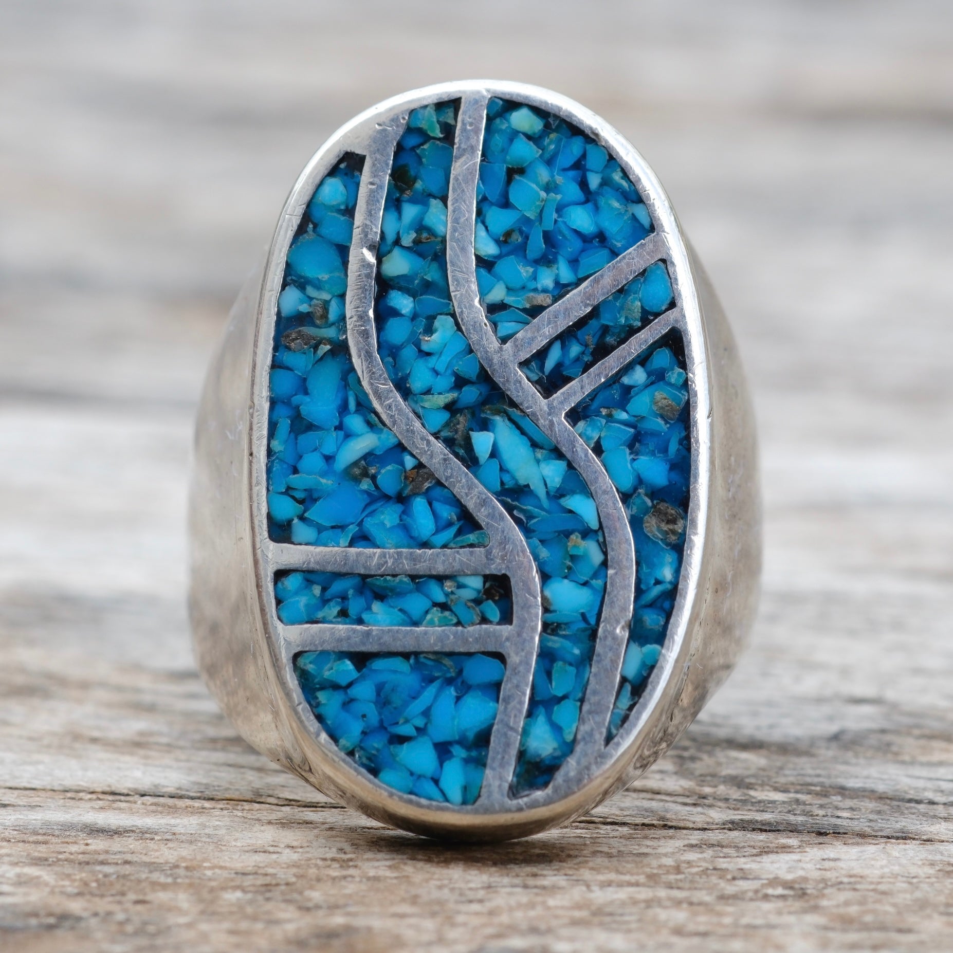 Vintage Sterling Crushed Turquoise Inlay Ring 8.75