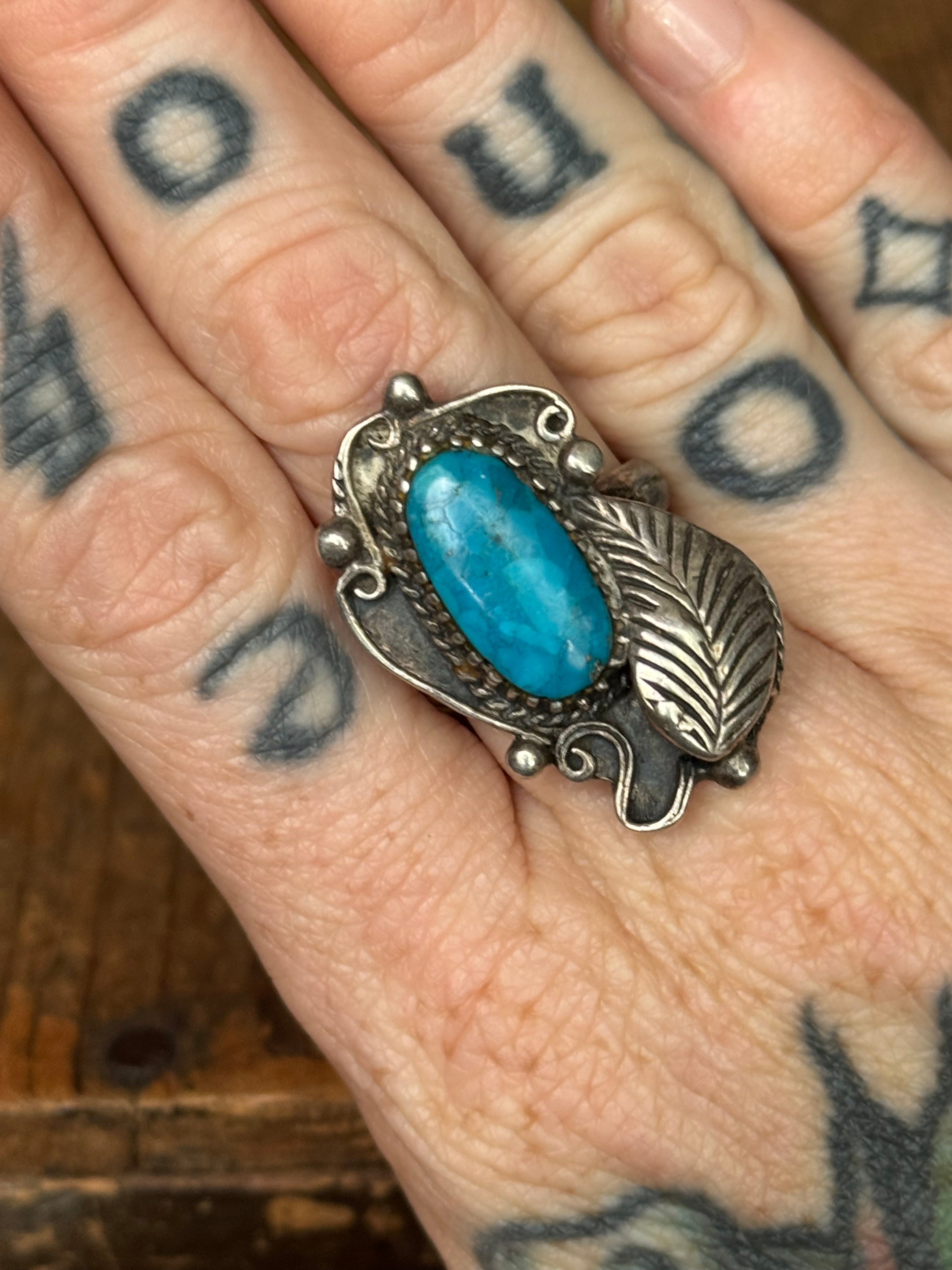 Vintage Sterling Silver Turquoise Leaf Filigree Ring 8.5