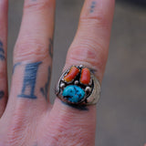 Vintage Sterling Turquoise and Coral Ring 9.75