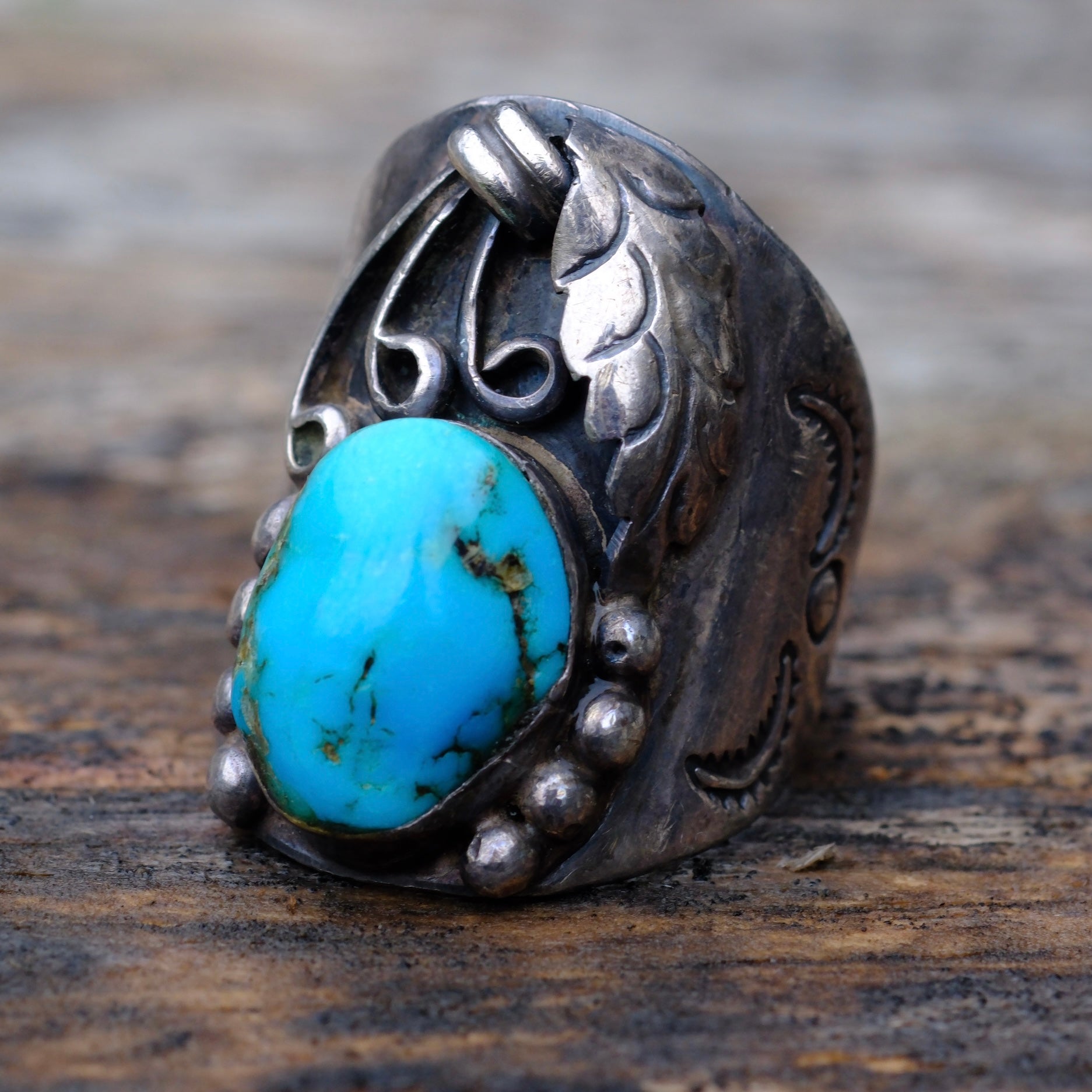 Vintage Sterling Turquoise Feather Ring 9.5
