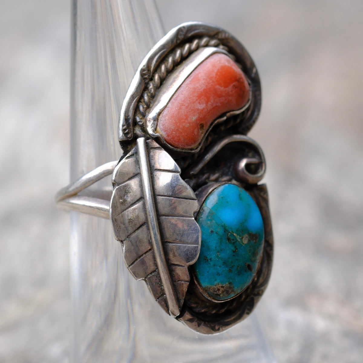 Vintage Sterling Turquoise and Coral Feather Ring 6.5