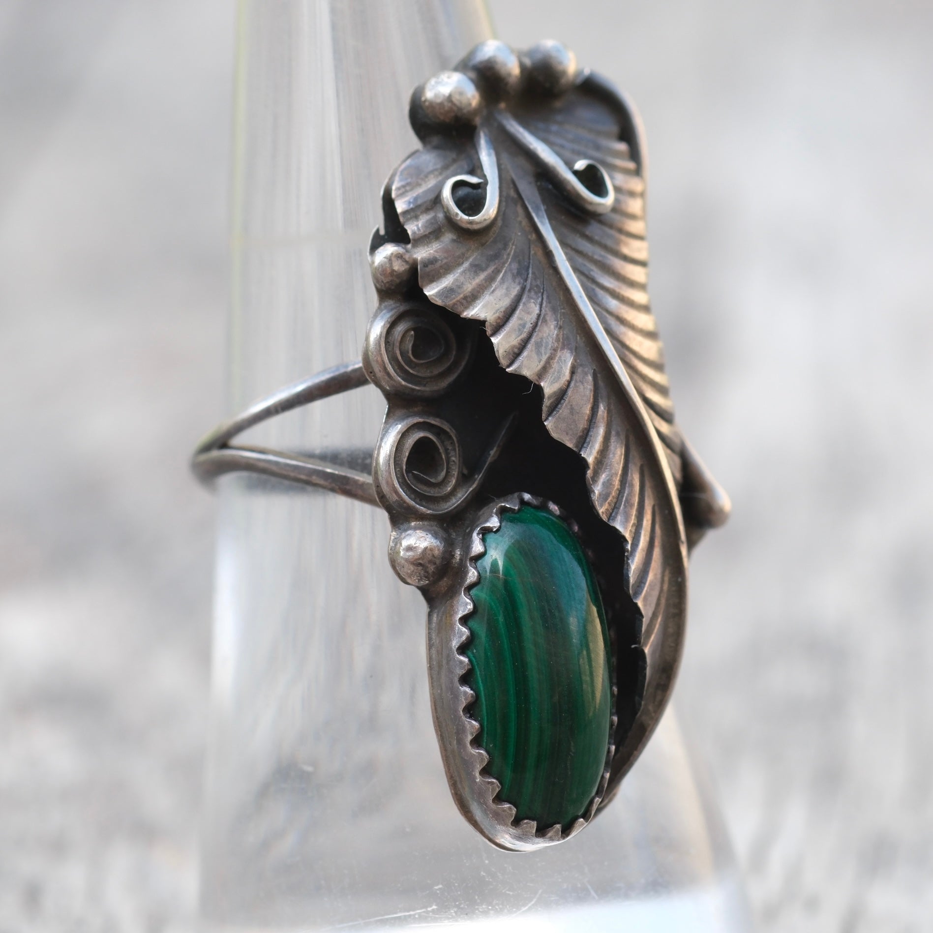 Vintage Sterling Malachite Feather Ring 7.5