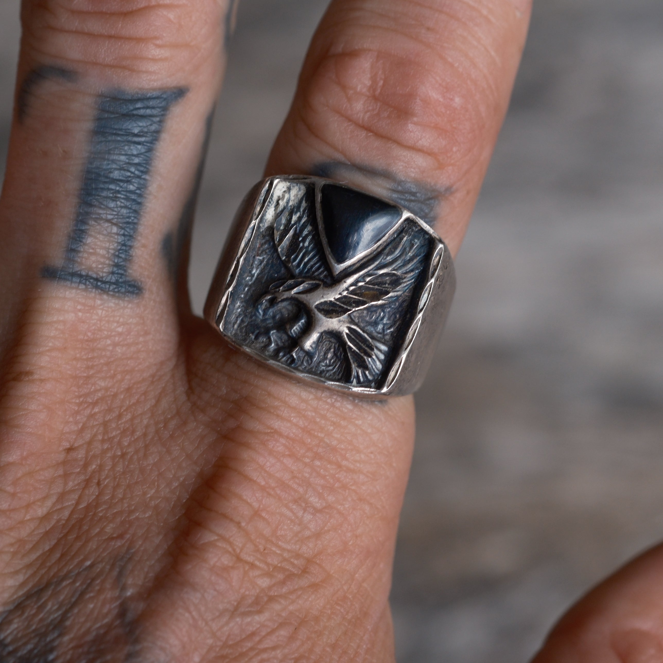 Vintage Sterling Onyx Eagle Ring 10