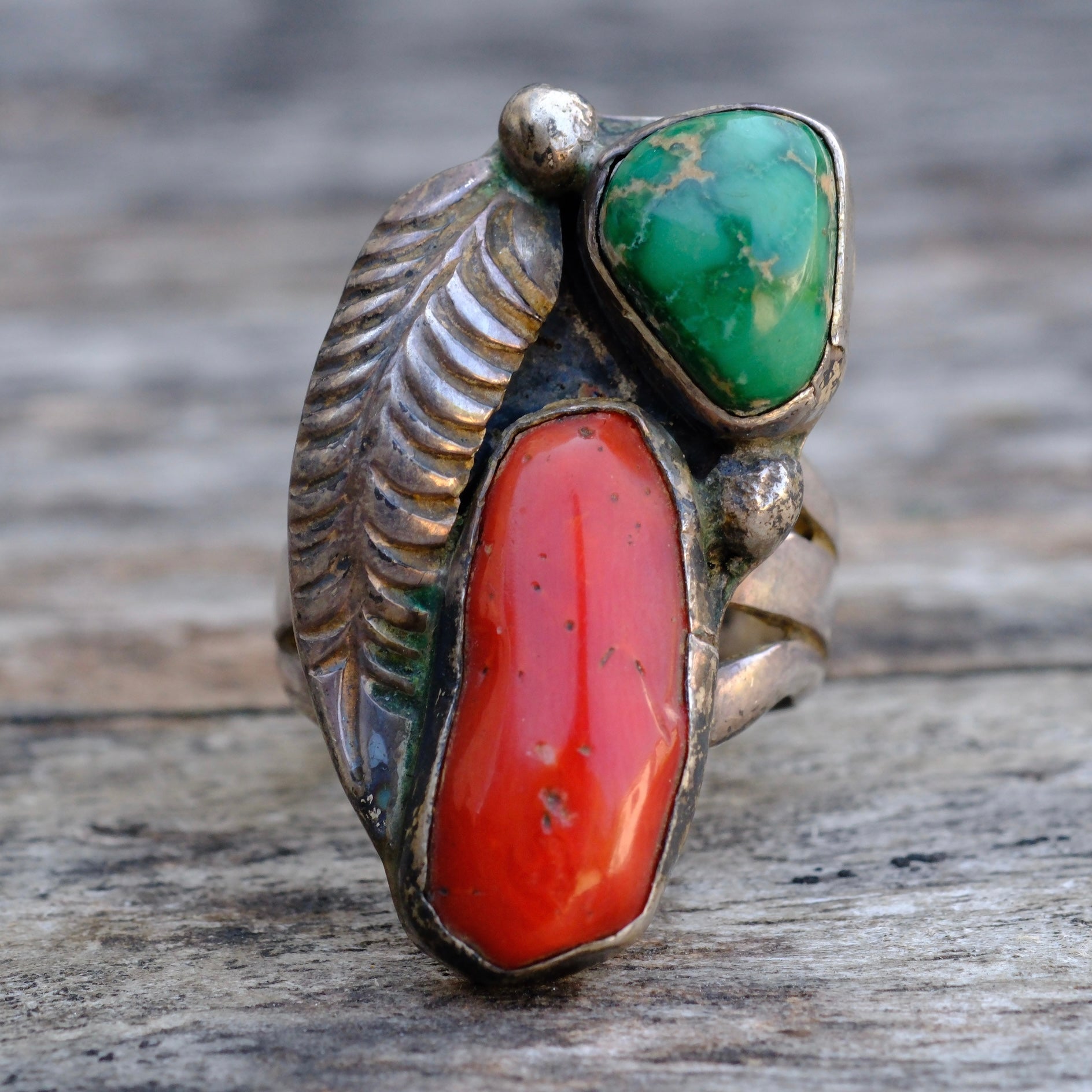 Vintage Sterling Turquoise and Coral Feather Ring 5.5