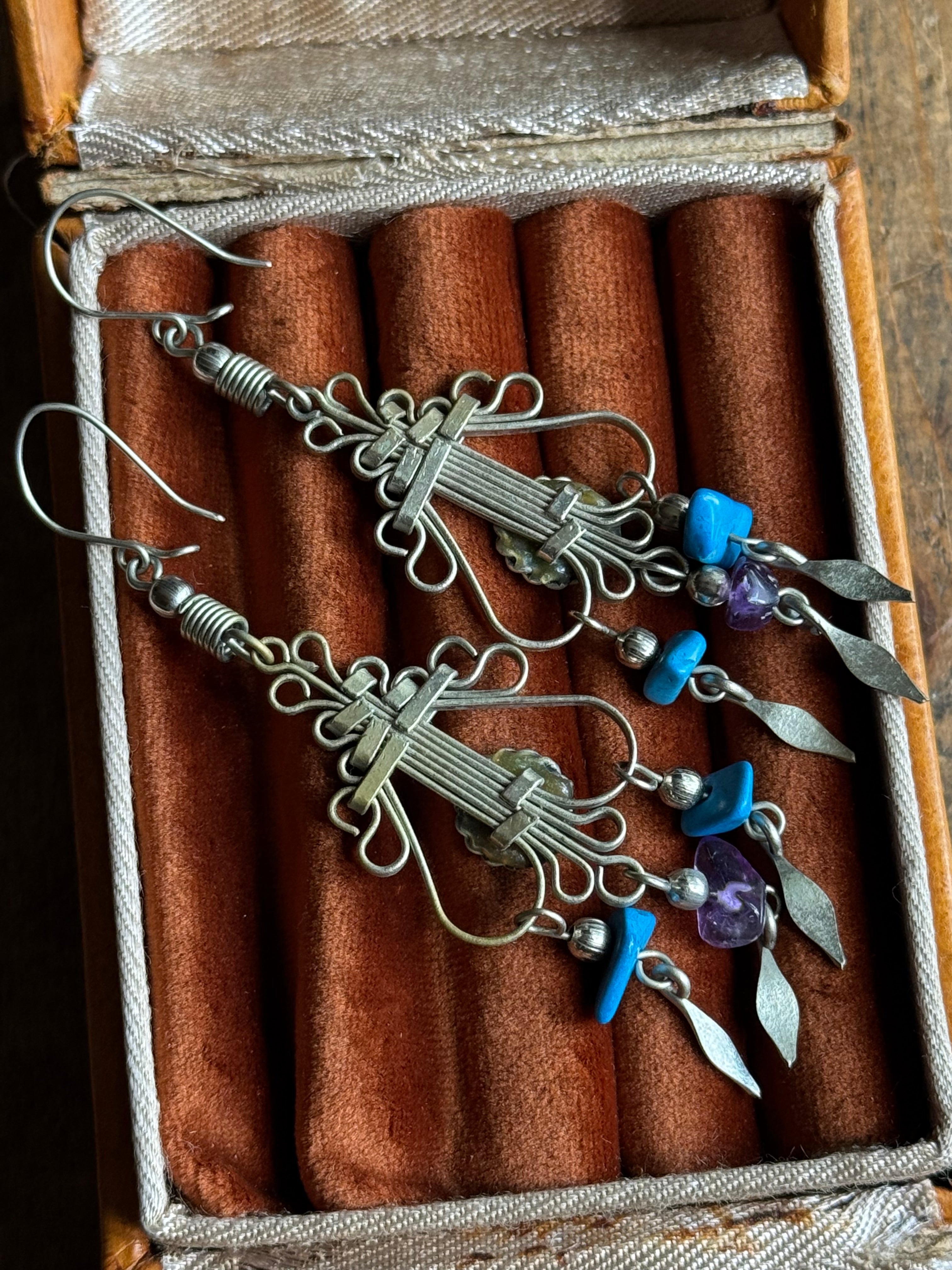 Vintage Sterling Silver Turquoise & Amethyst Chandelier Earrings