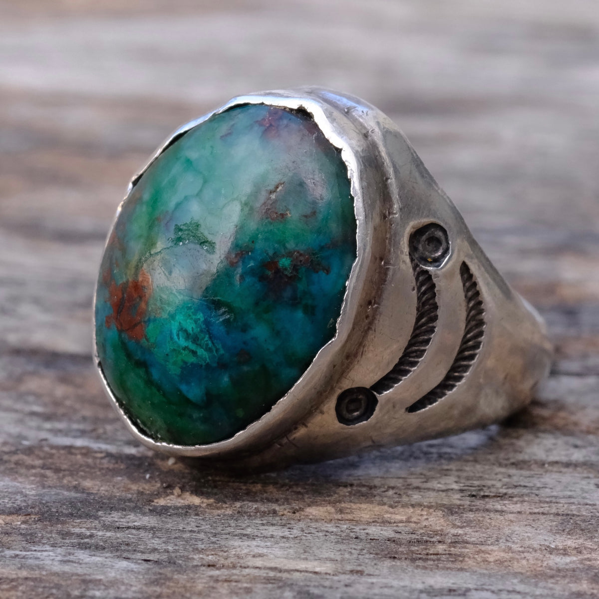 Vintage Sterling Chrysocolla Stamped Ring 9
