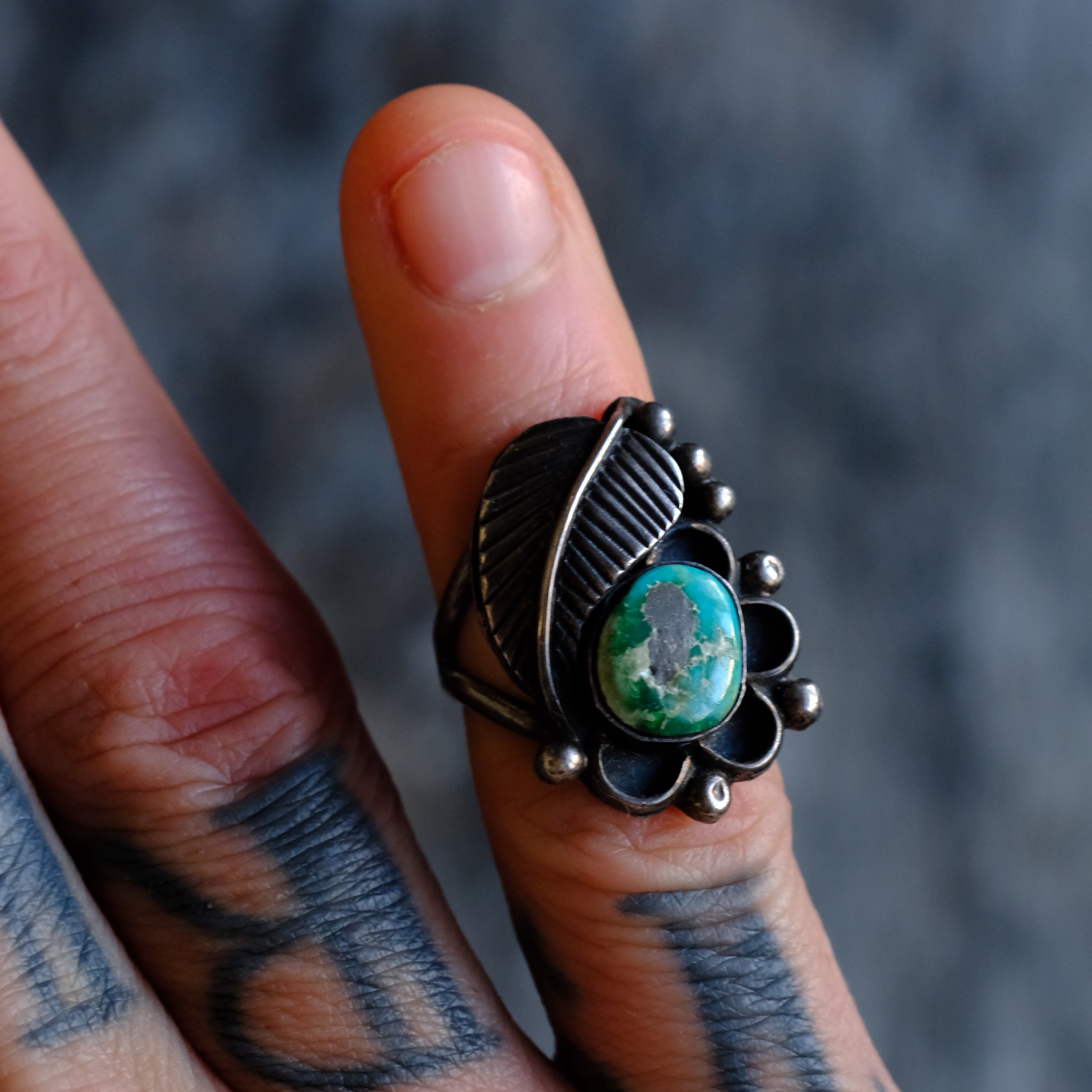 Vintage Sterling Turquoise Feather Ring 4.25