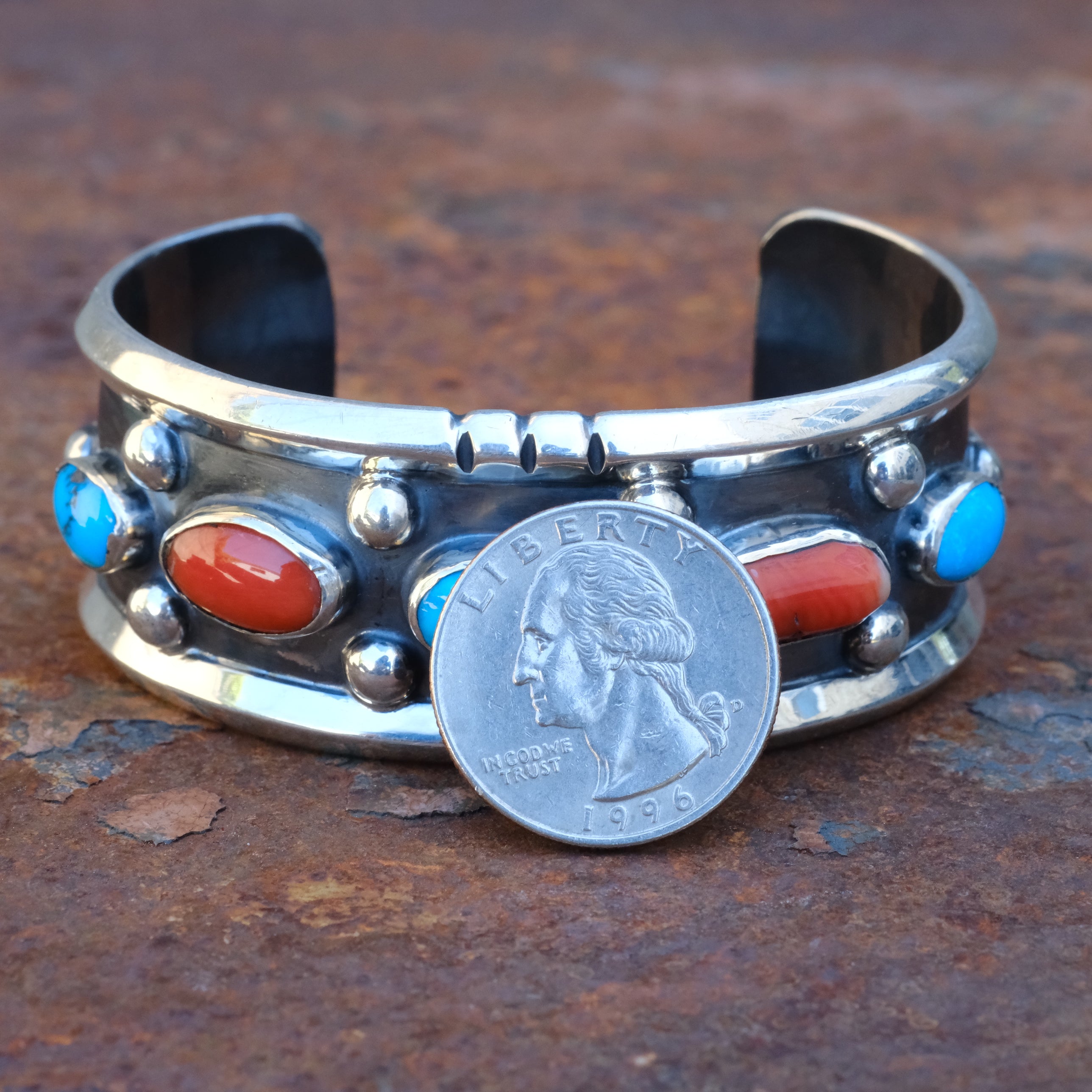 Vintage Sterling Turquoise and Coral Cuff Bracelet