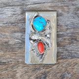 Vintage Turquoise and Coral Feather Money Clip