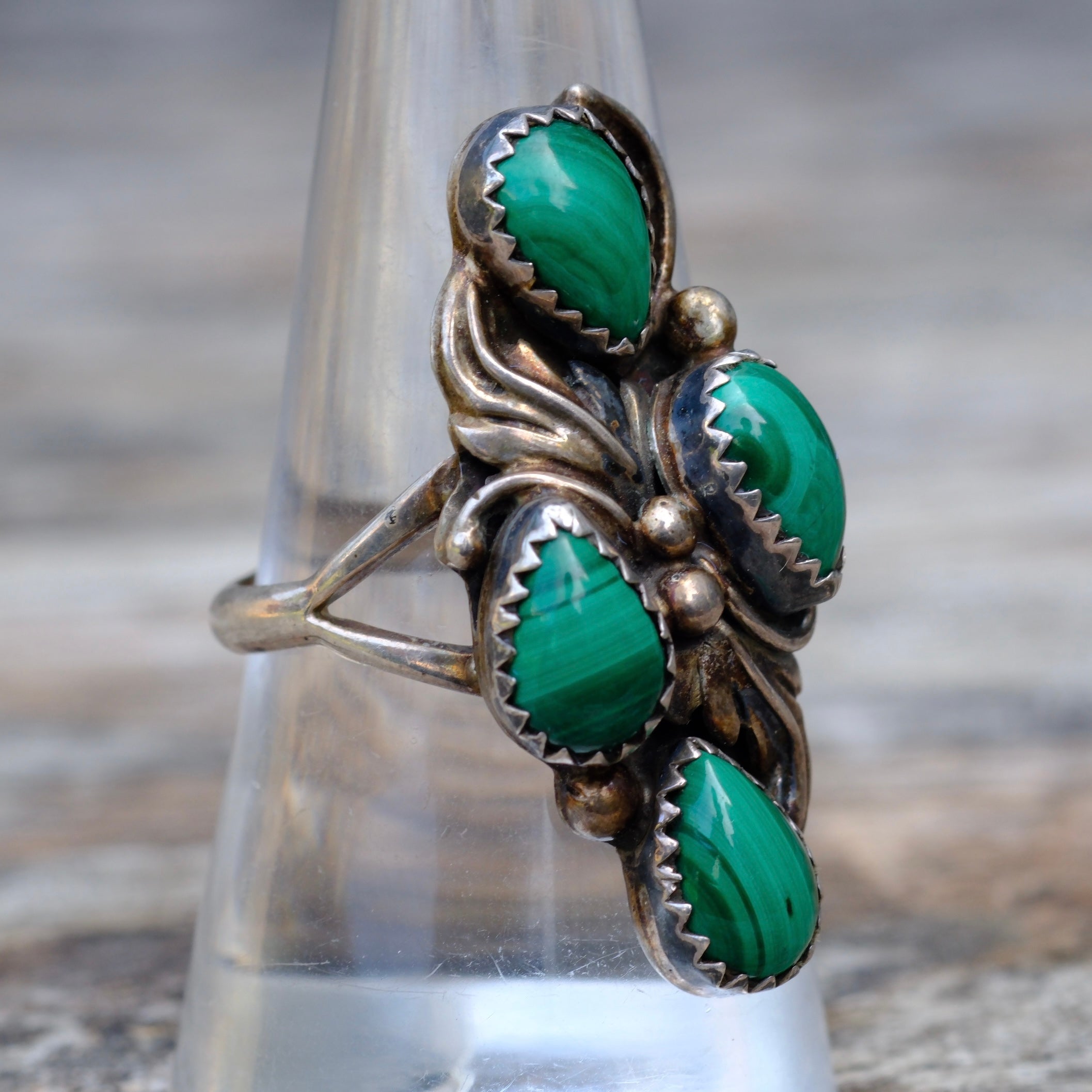 Vintage Sterling 4-Stone Malachite Feather Ring 8.75