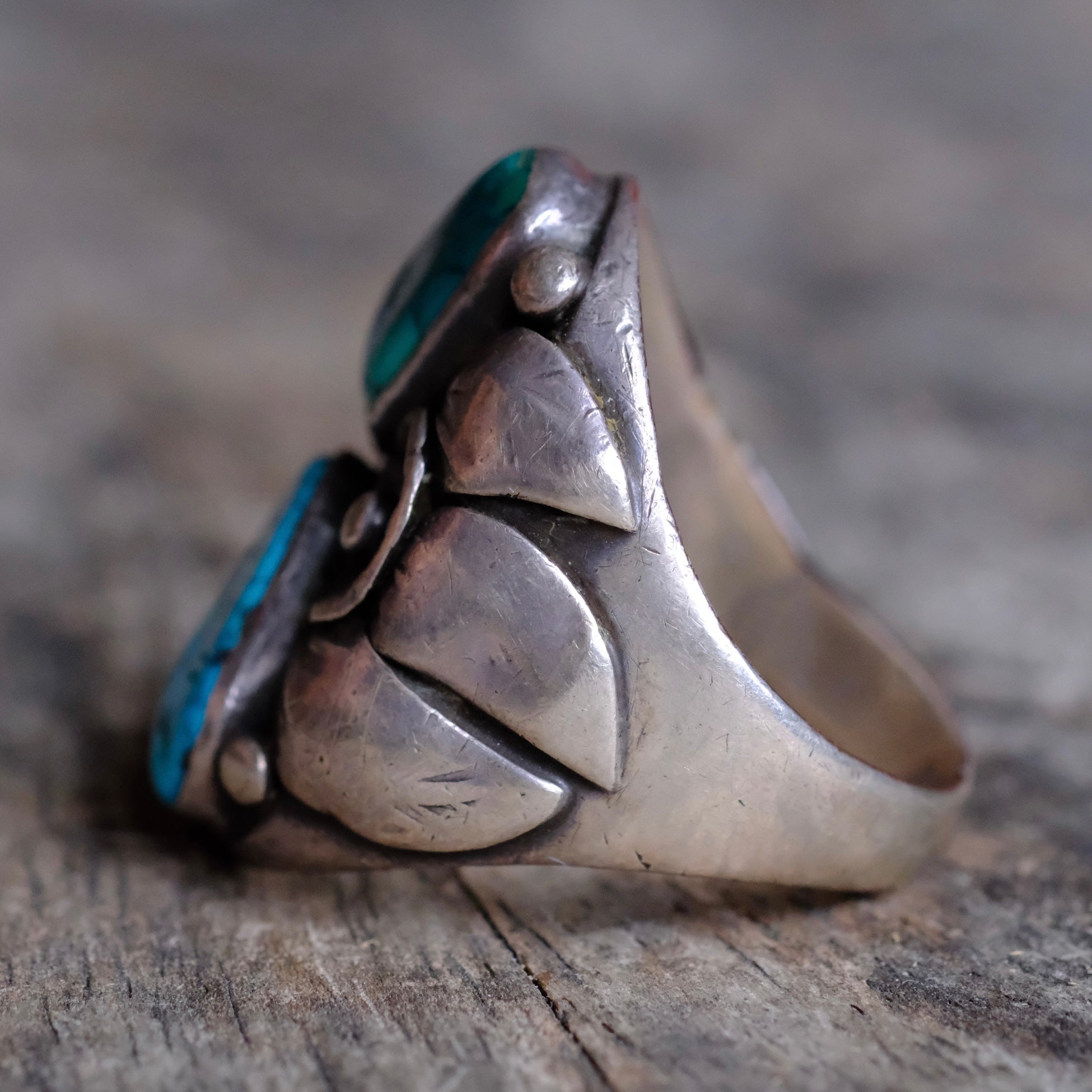 Vintage Sterling 2-Stone Turquoise Blossom Ring 9.25