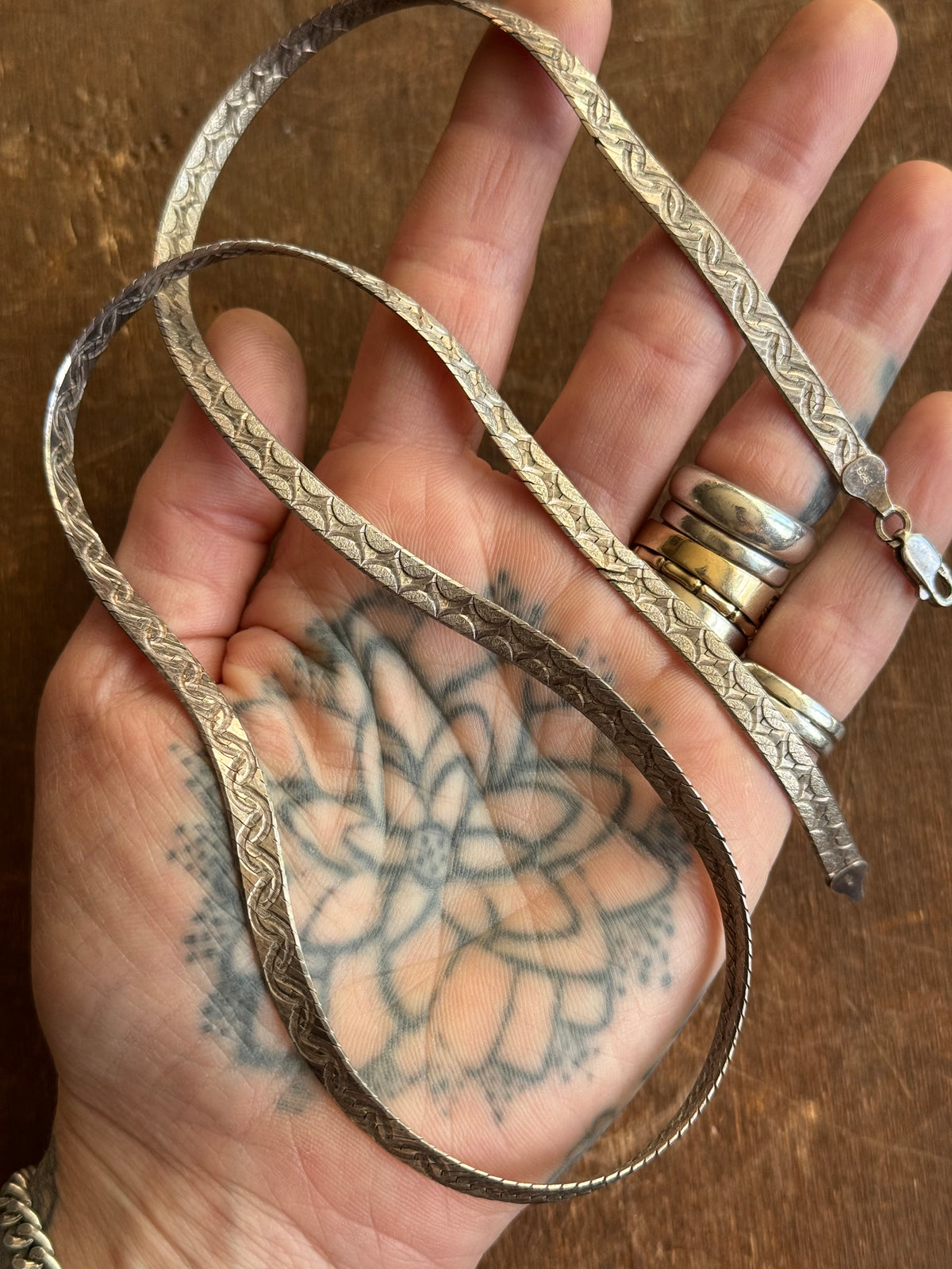 Vintage Sterling Silver 24” Etched Herringbone Chain