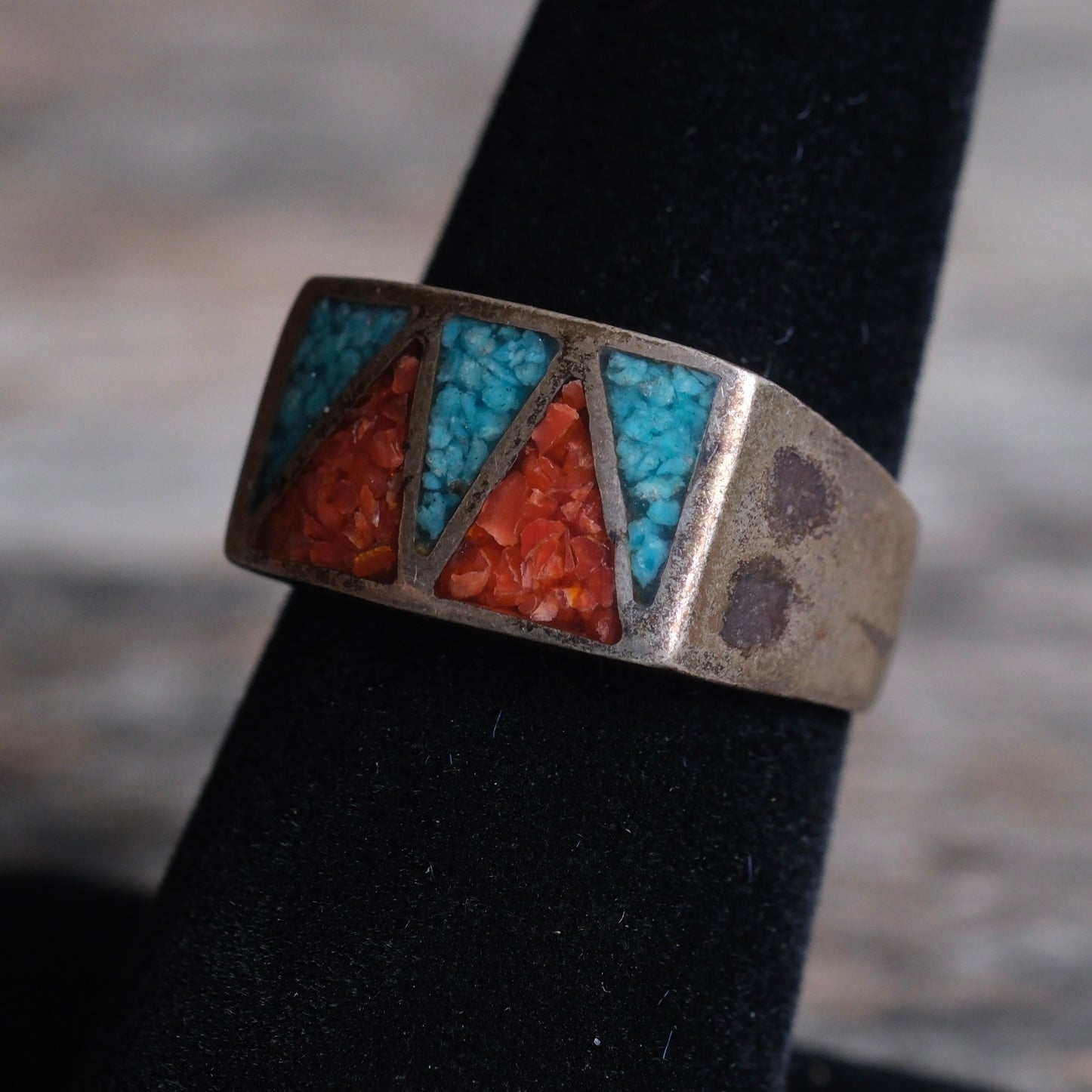 Vintage Sterling Turquoise and Coral Inlay Ring 7