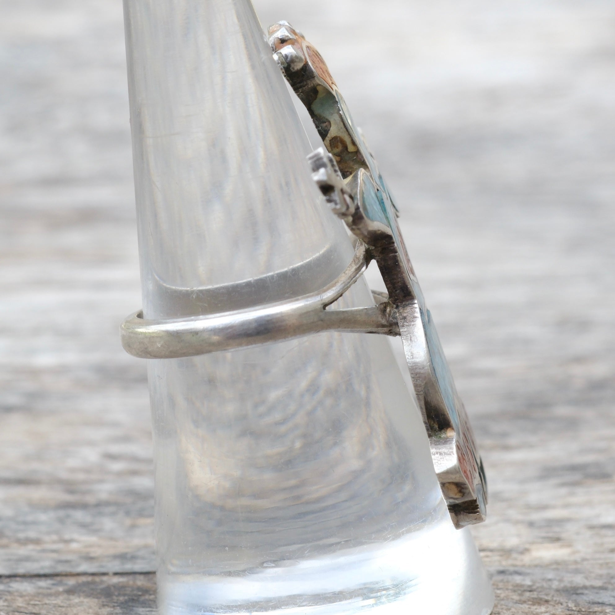 Vintage Sterling Turquoise and Coral Inlay Dancer Ring 7.25