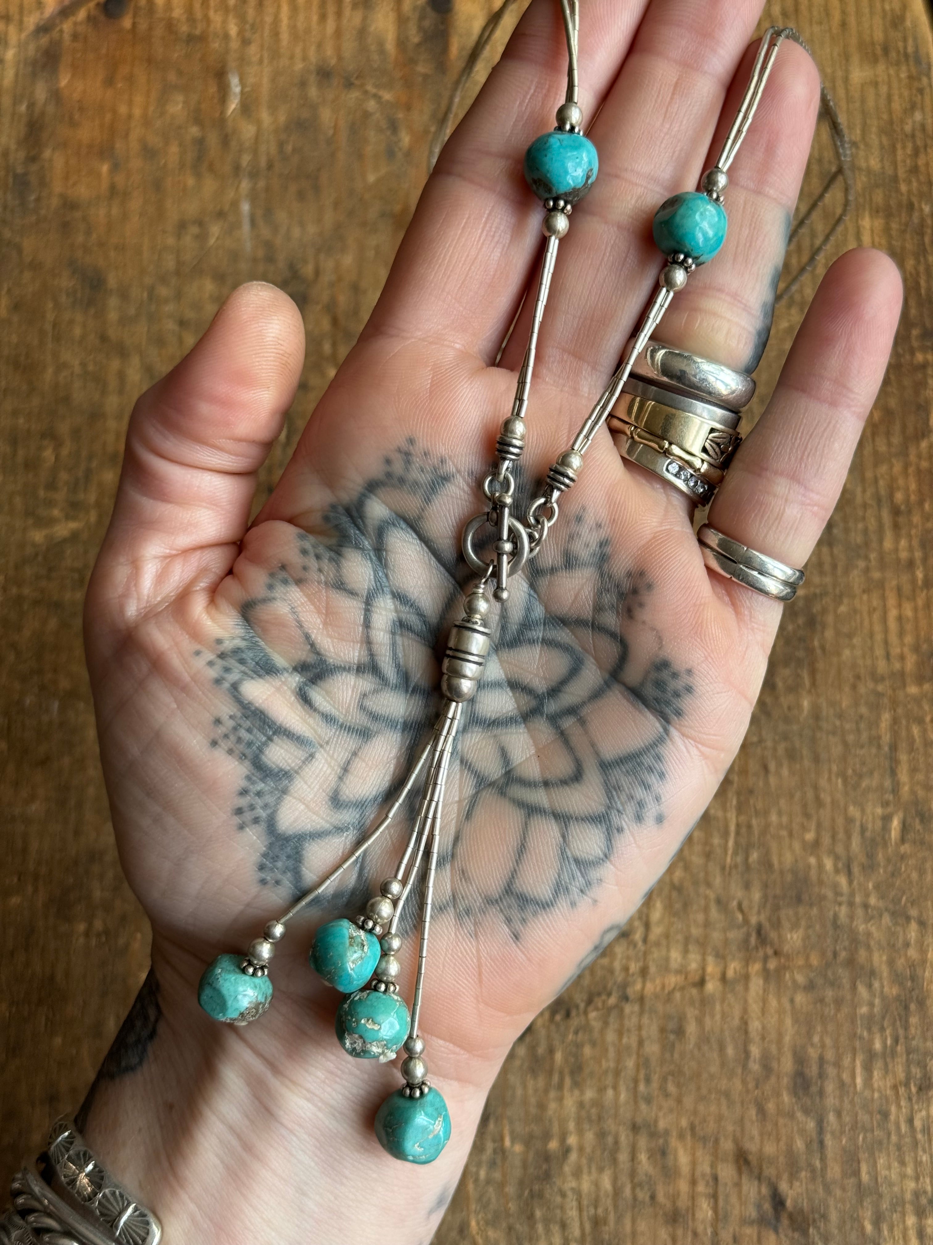 Vintage Sterling Silver Bead Block Turquoise Toggle Lariat Necklace