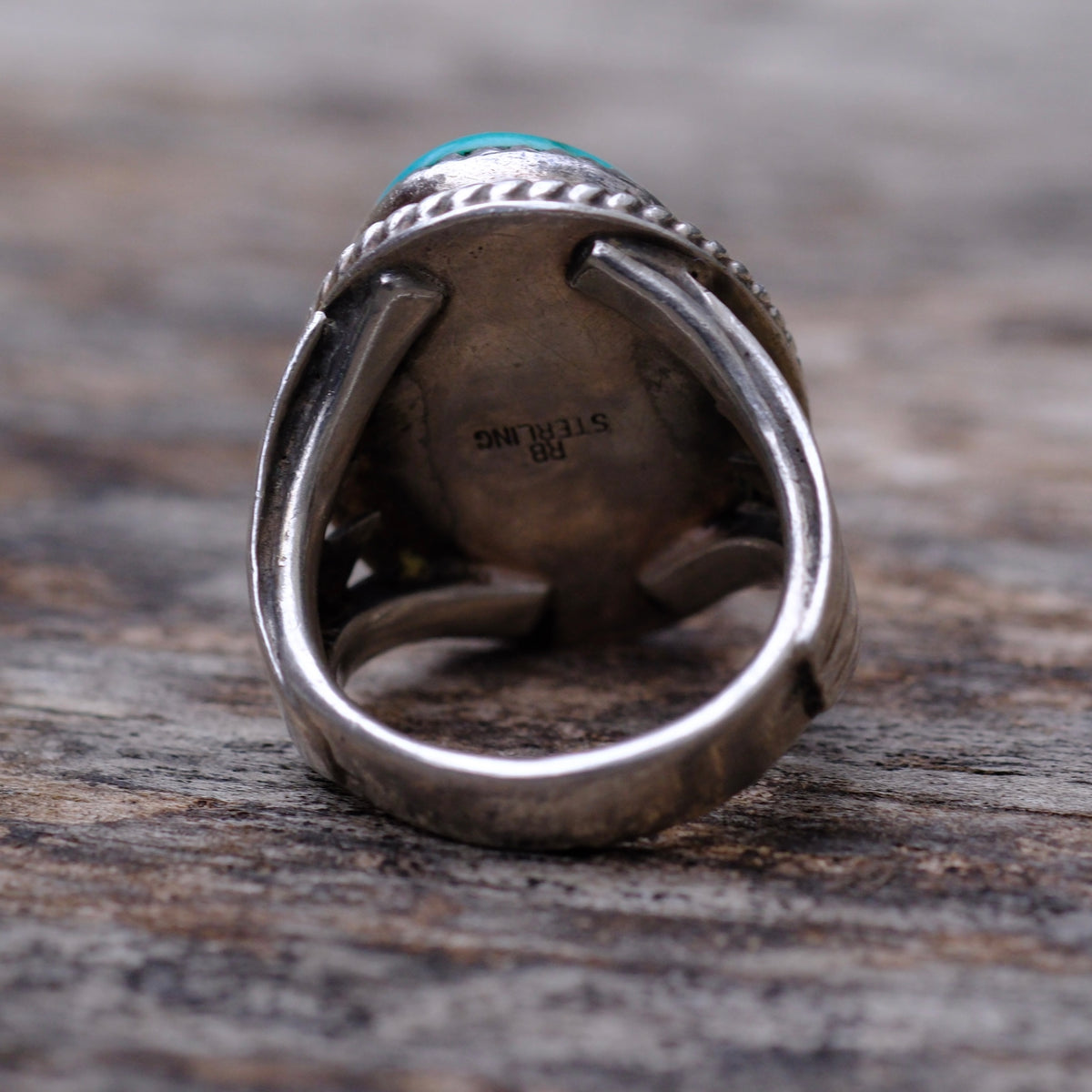 Vintage Sterling Turquoise Ribbed Band Ring 6.75