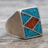 Vintage Sterling Crushed Turquoise and Coral Inlay Ring 9.5