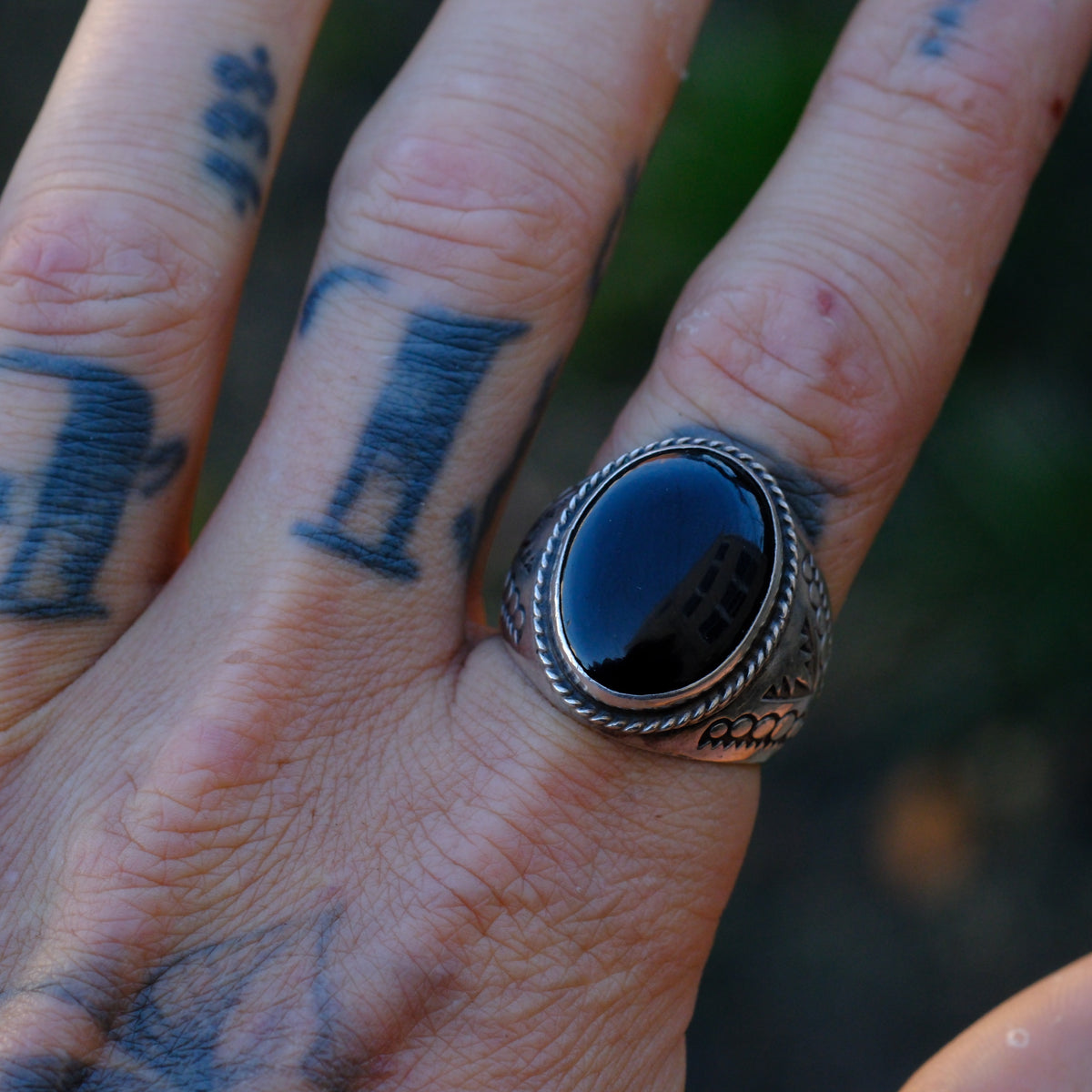 Vintage Sterling Onyx Stamped Band Ring 10.5