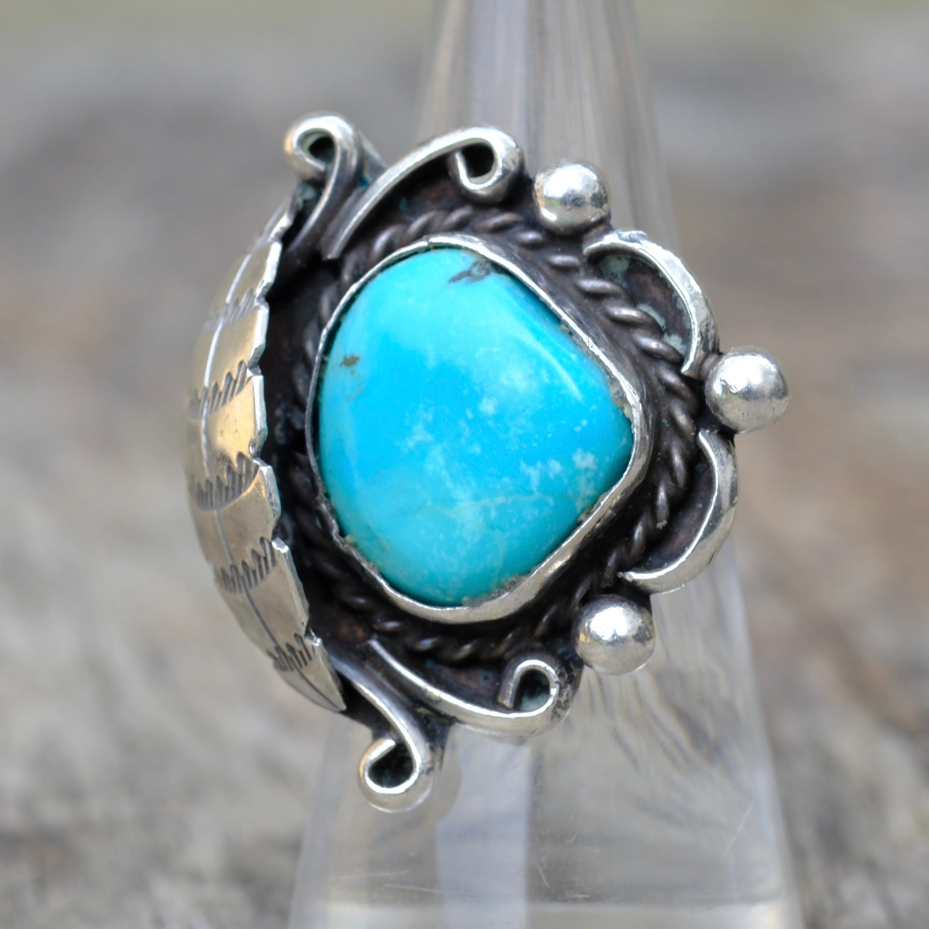 Vintage Sterling Turquoise Feather Ring 6.25