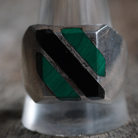 Vintage Sterling Malachite and Onyx Inlay Striper Ring 13