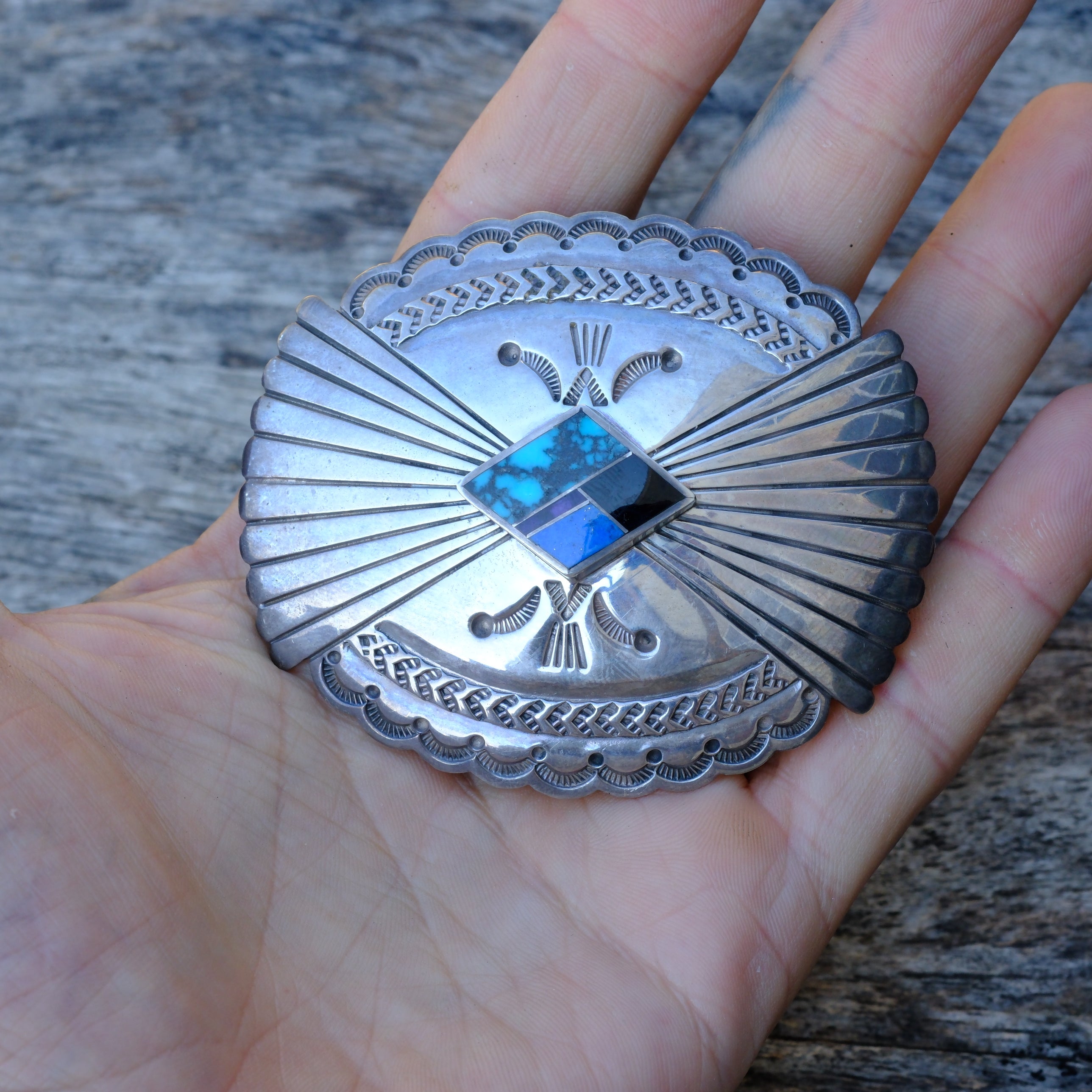 Vintage Sterling Multi Stone Inlay Stamped Belt Buckle