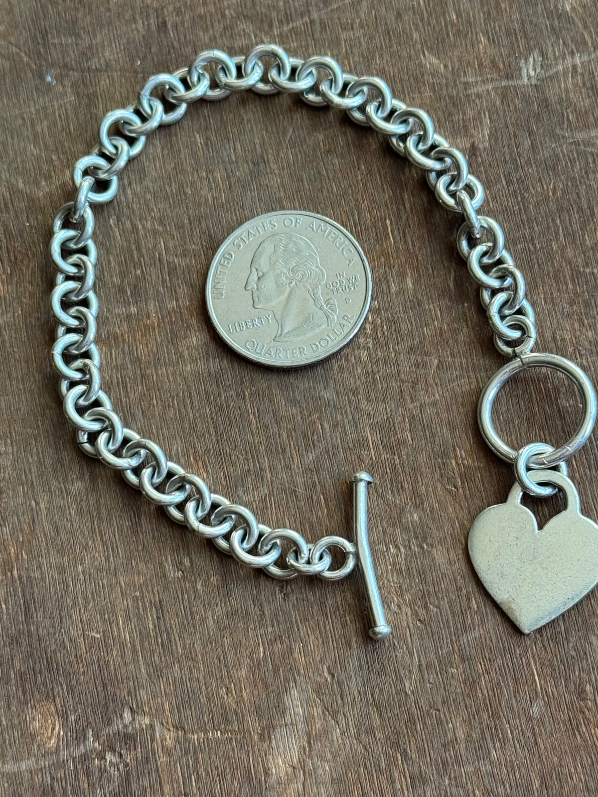 Vintage Sterling Silver 7.75” Heart Tag Cable Toggle Chain