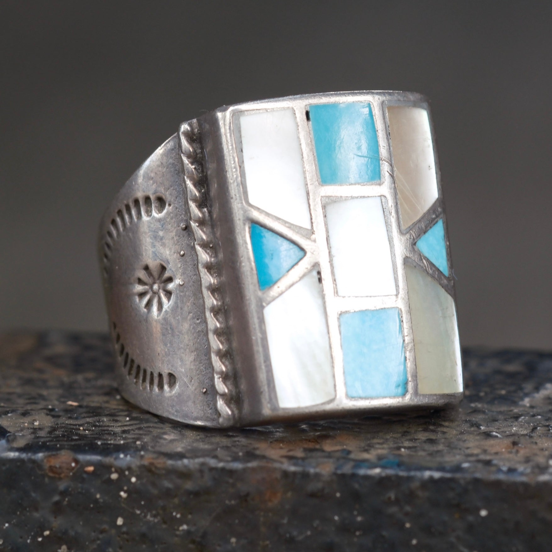 Vintage Sterling Turquoise and Mother Of Pearl Inlay Stamped Band Ring 11