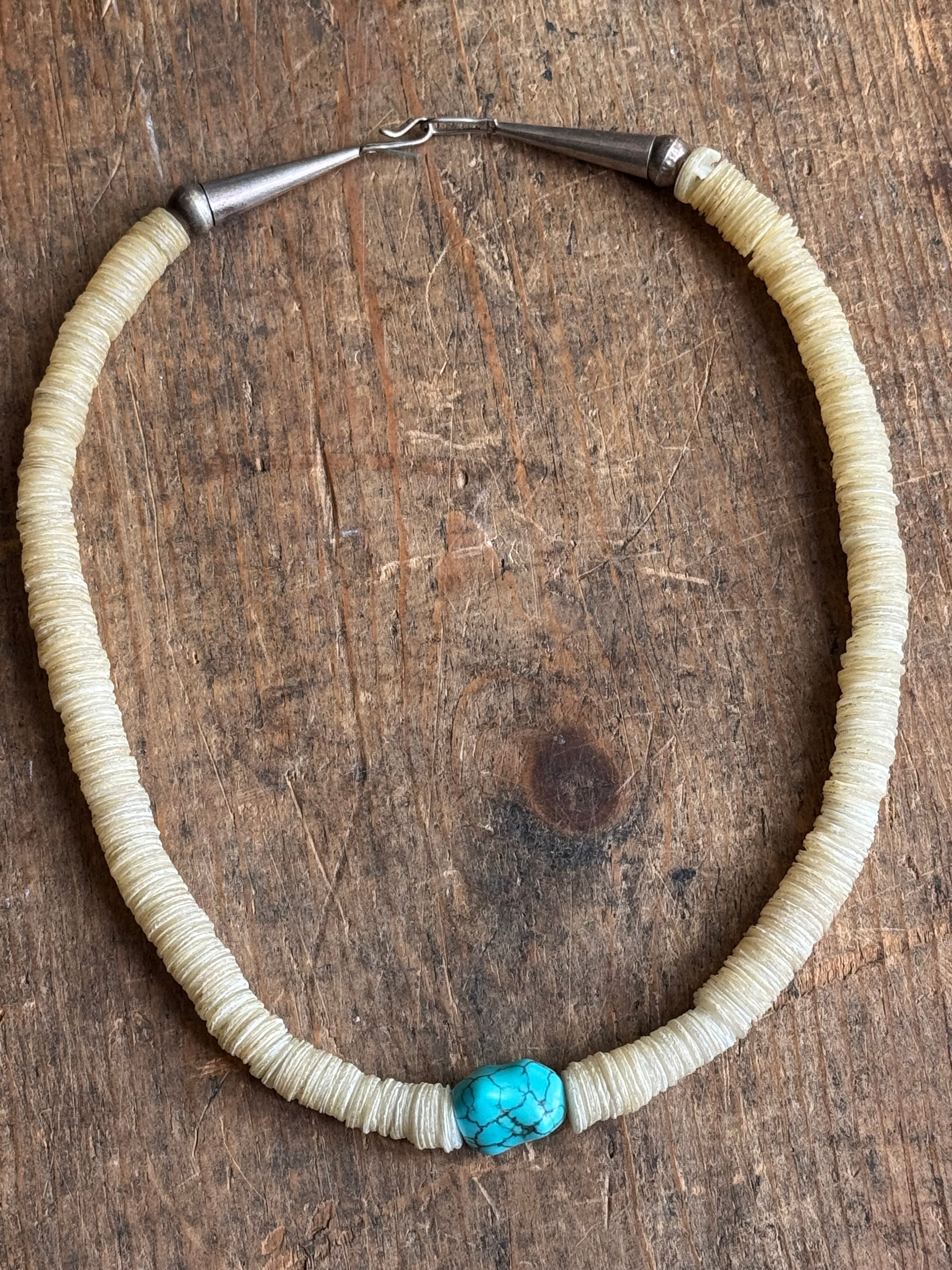 Vintage Sterling Silver Navajo Pearl Shell & Raw Turquoise Necklace
