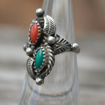 Vintage Sterling Turquoise and Coral Feather Ring 4.75