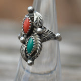 Vintage Sterling Turquoise and Coral Feather Ring 4.75