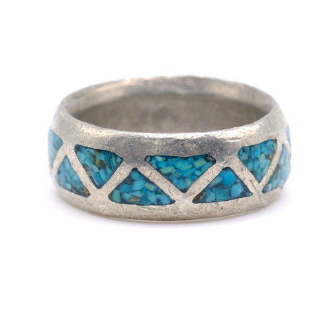 Vintage Sterling Crushed Turquoise Inlay Band 7.25