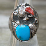 Vintage Sterling Turquoise and Coral Feather Ring 8.75
