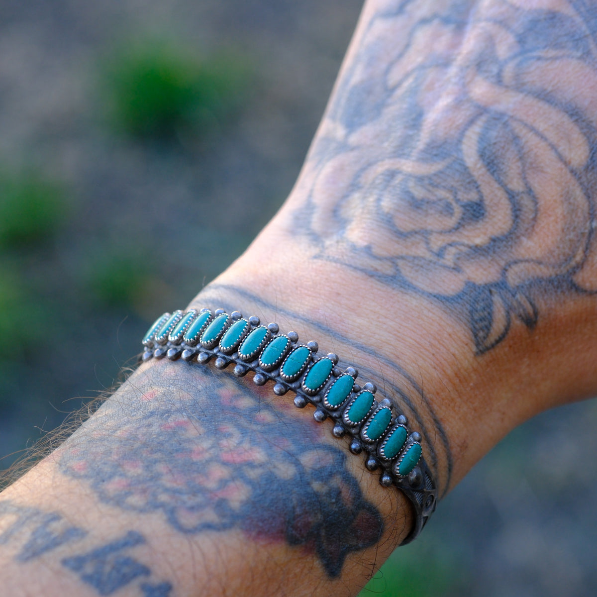 Vintage Sterling Turquoise Row Stamped Cuff Bracelet
